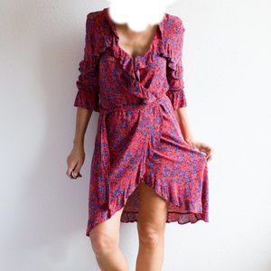 H&M Floral Asymmetrical Dress Boho Flowy Frills Long Sleeves 4 S Small Red Blue